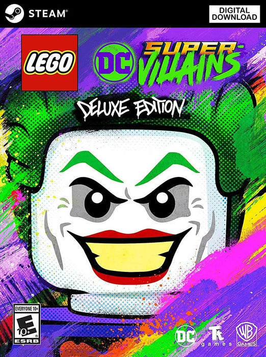 Cover art of LEGO DC Super-Villains Deluxe Edition for PC Steam, featuring the Joker's LEGO face on a colorful graffiti background – get the official Steam CD key now at RushGame.co