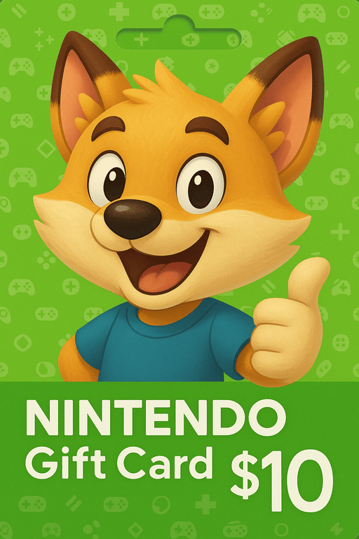 Colorful image of a $10 Nintendo eShop Gift Card featuring a cheerful cartoon fox giving a thumbs up, set against a bright green background. Instantly redeemable at RushGame.co to top up your Nintendo account and enjoy games, add-ons, and more in the US region