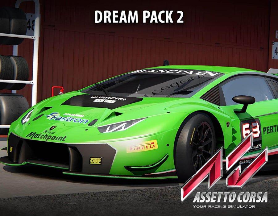 Official cover art for Assetto Corsa Dream Pack 2 DLC on PC Steam. Featuring a green Lamborghini Huracán GT3 with Blancpain and Pirelli sponsorships, highlighting the high-performance racing content included in the expansion. Buy your Assetto Corsa DLC at RushGame.co