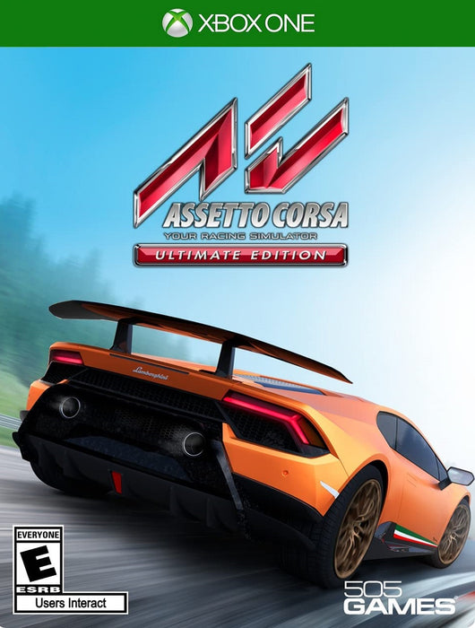 Cover art for Assetto Corsa Ultimate Edition on Xbox One, showcasing a high-performance Lamborghini Huracán in motion on a scenic track. This definitive racing simulator is now available at RushGame.co with instant delivery