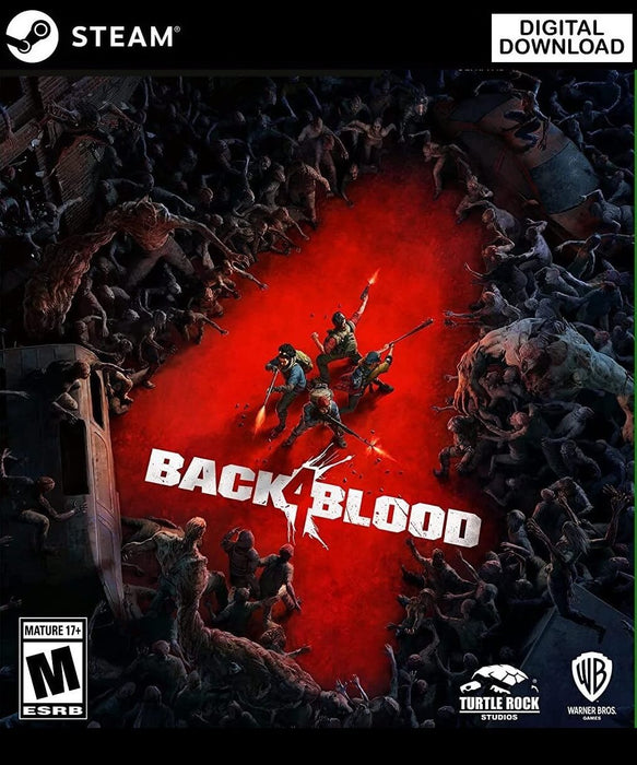 cover art for Back 4 Blood on PC Steam features four survivors standing on a blood-red battlefield, surrounded by a horde of terrifying zombies. This gripping co-op shooter from Turtle Rock Studios and Warner Bros. Games is available as a digital Steam key on RushGame.co, offering instant activation and fast delivery