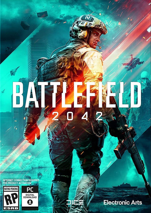 Official cover art for Battlefield 2042 PC Origin EA Play CD Key, featuring a futuristic soldier in full combat gear against a war-torn cityscape. Buy now at RushGame.co for instant digital delivery