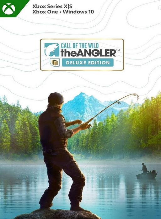 Official cover art of Call of the Wild: The Angler Deluxe Edition for Xbox One and Xbox Series X/S, featuring a fisherman casting his line in a stunning mountain lake. Buy the game now at RushGame.co for an unforgettable fishing experience