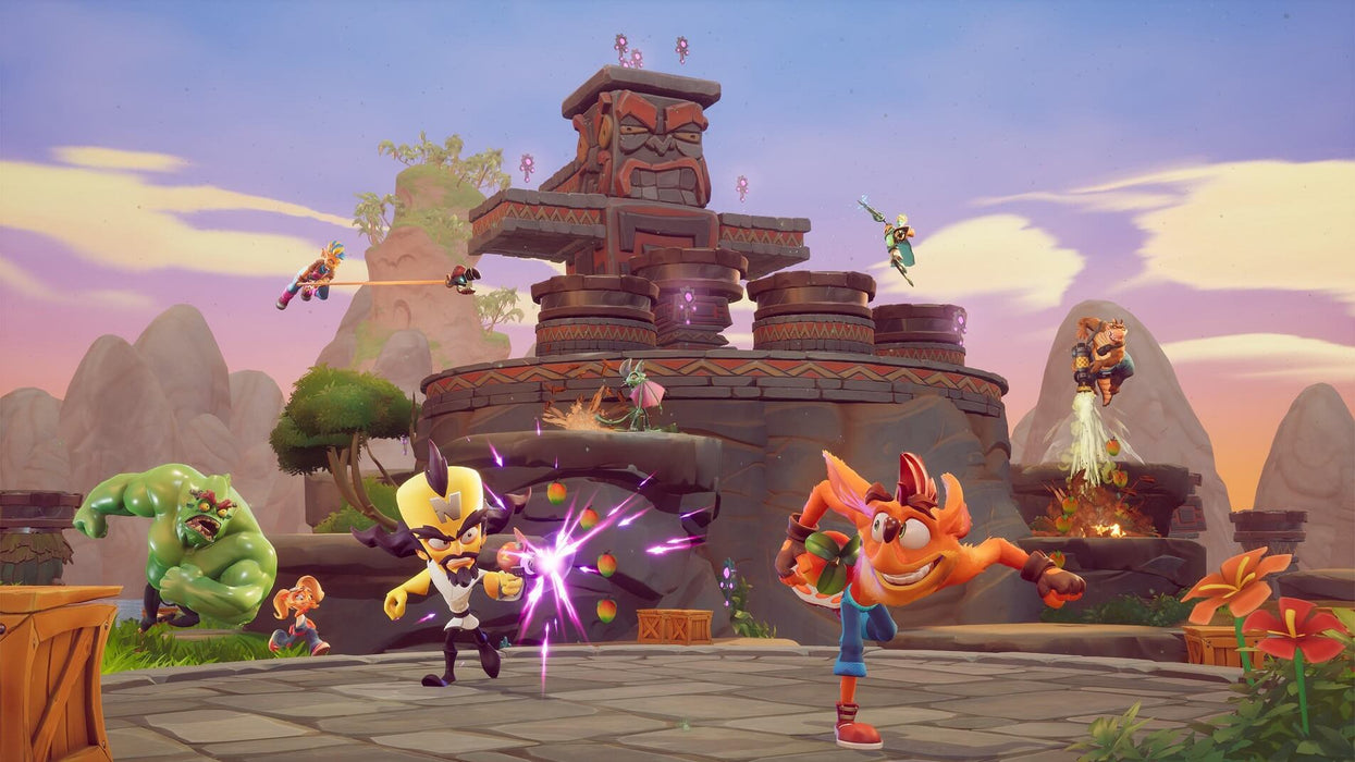 gameplay screenshot: An intense match in Crash Team Rumble, where Crash Bandicoot and other players fight for Wumpa fruit in an arena full of obstacles. Unlock your PS5 CD key today at RushGame.co