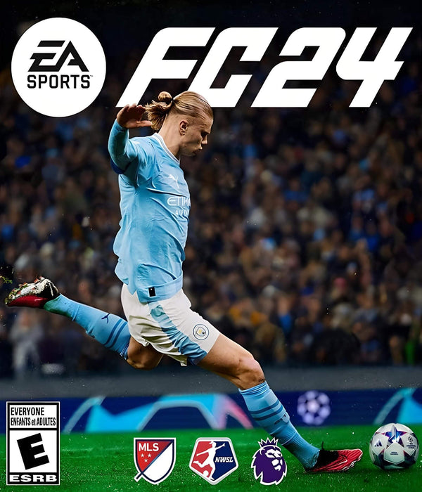 Official cover art for EA SPORTS FC 24 featuring Erling Haaland in a Manchester City kit executing a powerful kick. The game includes realistic football gameplay, major leagues like MLS, NWSL, and Premier League, and HypermotionV technology. Buy your Origin EA Play CD Key now at RushGame.co for instant digital access