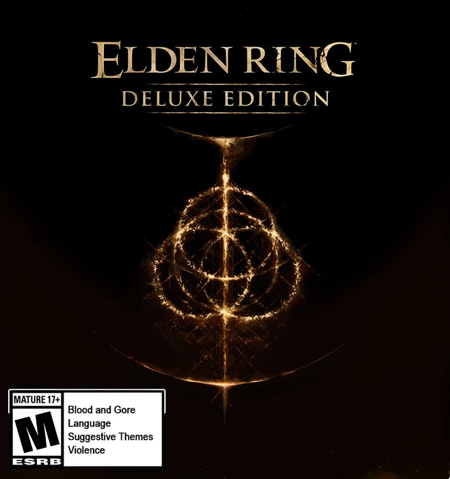 cover art for Elden Ring Deluxe Edition on Steam (Rest of the World), showcasing the glowing golden Elden Ring symbol against a dark background. Buy your activation key instantly at RushGame.co