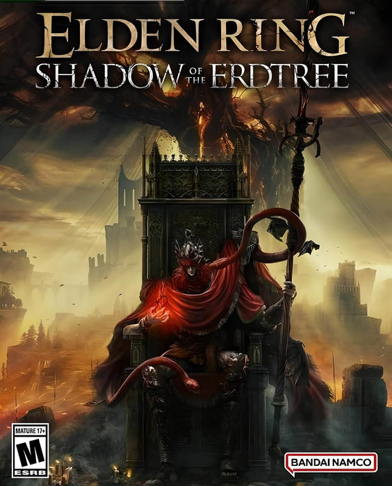 cover art for Elden Ring: Shadow of the Erdtree DLC on Steam (US), featuring a dark and ominous figure sitting on a throne, draped in red robes, with a fiery, twisted tree looming behind. Buy your digital game key instantly at RushGame.co