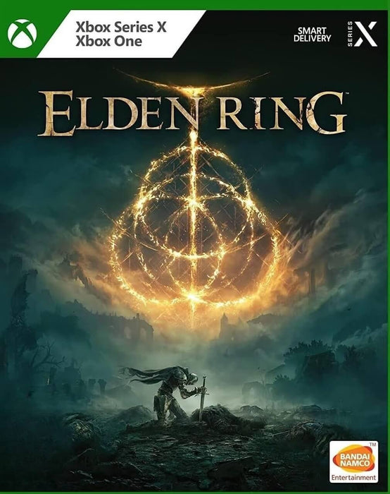 Cover art of Elden Ring for Xbox One and Series X|S, featuring a lone armored warrior kneeling with a sword beneath a glowing Elden Ring symbol in the stormy night sky. Buy Elden Ring Xbox CD Key now at RushGame.co for instant delivery and epic dark fantasy action