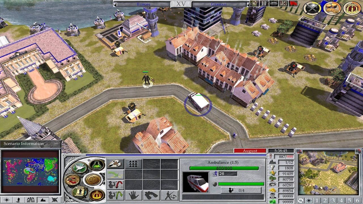 Screenshot - Empire Earth 2 Gold Edition PC GOG gameplay screenshot depicting a modern warfare scenario with military units, an ambulance, and advanced buildings in a strategic urban setting. Get your Empire Earth 2 Gold Edition CD Key at RushGame.co and experience RTS action across different historical periods