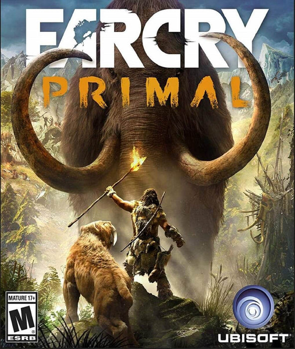 cover art for Far Cry Primal on PC (Ubisoft Connect), featuring a prehistoric warrior wielding a spear and torch, facing a massive woolly mammoth alongside a saber-toothed tiger. Get your digital activation key now at RushGame.co and survive the Stone Age