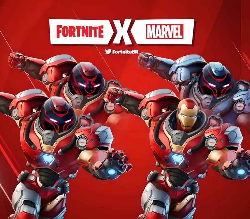 Promotional image of the Fortnite x Marvel Iron Man Zero Skin Collection, featuring multiple armored warriors in red and silver suits, including Iron Man, against a bold red background. Part of the Zero War set, this exclusive Fortnite DLC is available as a digital key for Epic Games. Get it instantly at RushGame.co