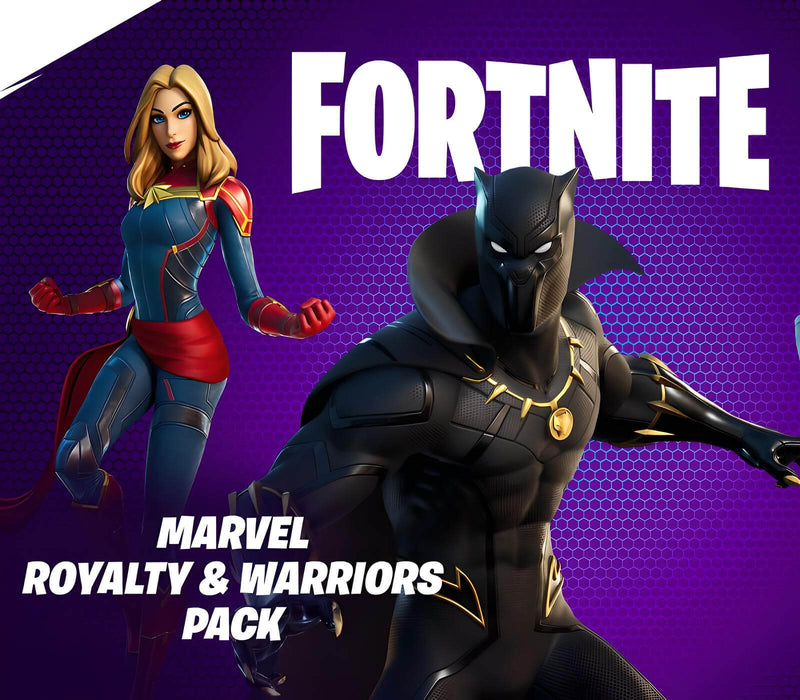 over art for Fortnite - Marvel: Royalty & Warriors Pack on Default Title and Xbox Series X, featuring Black Panther and Captain Marvel in dynamic battle-ready poses against a purple hexagonal background. Unlock powerful Marvel heroes and exclusive in-game content—get your Fortnite - Marvel: Royalty & Warriors Pack Xbox CD Key (US) now at RushGame.co