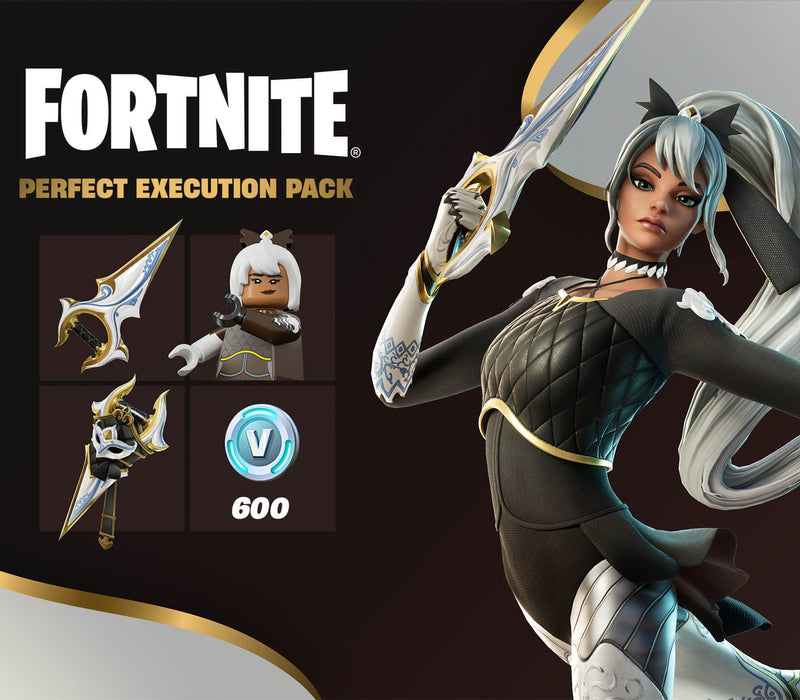 cover art for Fortnite - Perfect Execution Pack DLC on Xbox One, featuring an elite warrior character in black and gold attire wielding a sleek, curved blade. Includes exclusive weapons, a LEGO-style character variant, and 600 V-Bucks. Get your Fortnite - Perfect Execution Pack Xbox One CD Key (US) now at RushGame.co