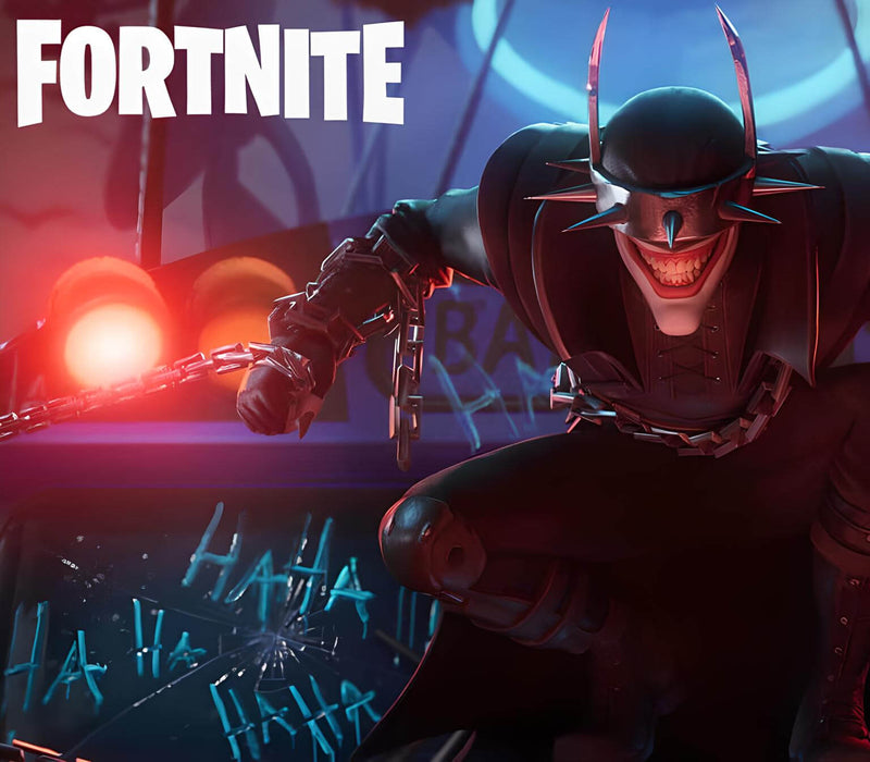 Promotional image of The Batman Who Laughs in Fortnite, showcasing the menacing DC character crouching in a chaotic scene with neon ‘HAHA’ graffiti in the background. This exclusive Dark Multiverse set outfit is available as a digital game key for Fortnite on Epic Games. Buy now at RushGame.co for instant access