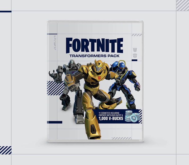 Cover art for Fortnite - Transformers Pack DLC on PS4 and PS5, featuring iconic Transformers characters like Bumblebee and Megatron in action poses. Includes 11 exclusive cosmetics and 1,000 V-Bucks. Get your Fortnite - Transformers Pack PS4/PS5 CD Key (US) now at RushGame.co and bring the battle to the island!