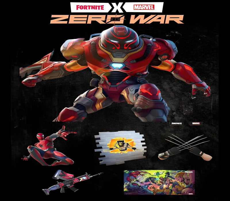 Promotional cover for the Fortnite x Marvel Zero War Collection Bundle, featuring Iron Man Zero in a high-tech armored suit along with Spider-Man, Wolverine, and various Marvel-themed items. This exclusive bundle is available as a digital DLC key for Fortnite on Epic Games. Get it now at RushGame.co