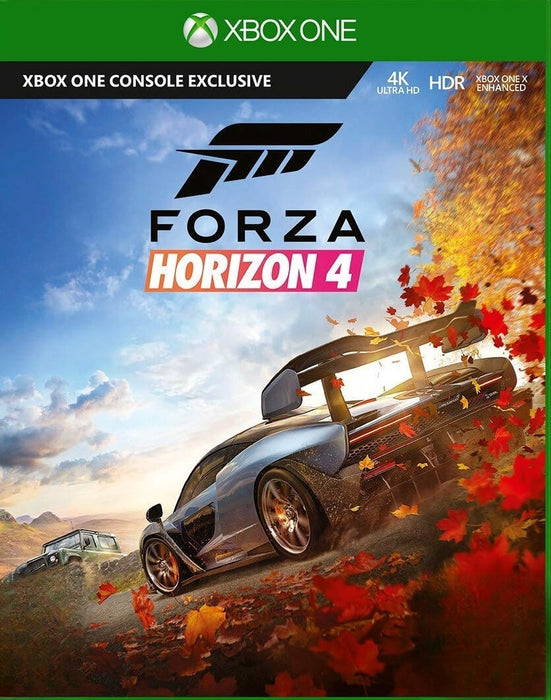 Forza Horizon 4 cover art for Xbox One, showcasing intense autumn racing with a McLaren and off-road vehicle. Own the ultimate driving adventure—available now at RushGame.co