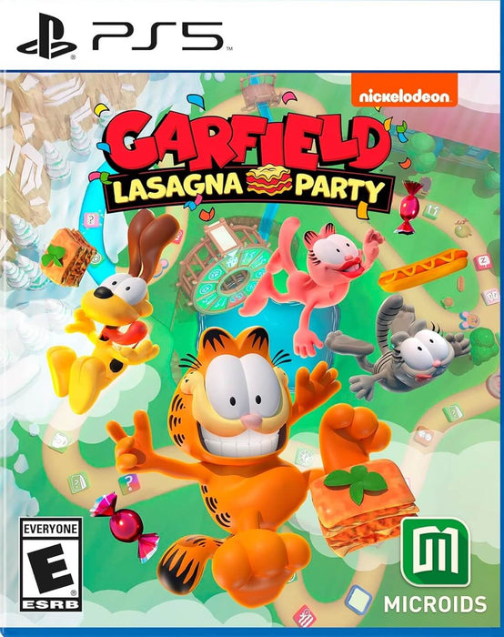 Official cover art for Garfield Lasagna Party on PS5, featuring Garfield, Odie, Arlene, and Nermal in a fun-filled party game adventure. Get your PS5 CD Key instantly at RushGame.co and enjoy multiplayer mini-games!