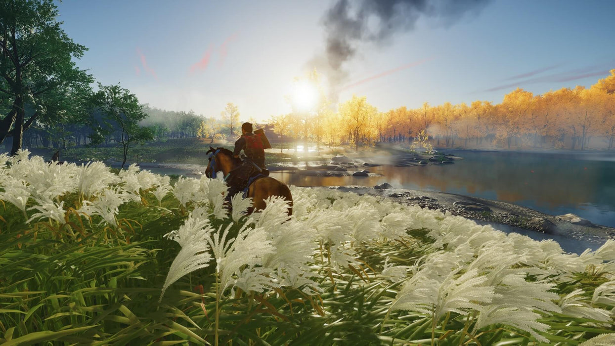 Gameplay screenshot - Stunning open-world landscape from Ghost of Tsushima Director’s Cut on PC, with Jin Sakai riding his horse through lush white fields near a reflective lake, bathed in golden sunlight. Immerse yourself in feudal Japan—get your PC Steam CD Key at RushGame.co