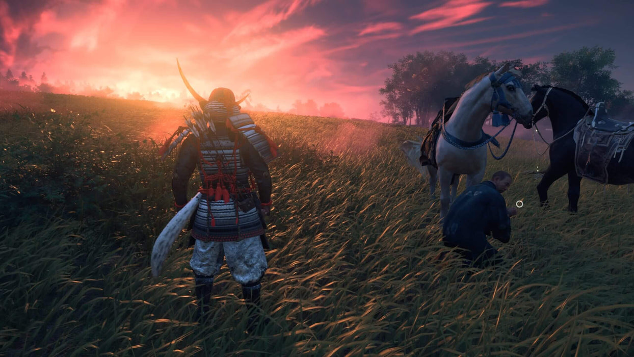 In-game screenshot from Ghost of Tsushima Director’s Cut on PC, showing Jin Sakai standing in a golden field at sunset, overlooking two horses and a kneeling NPC. Experience breathtaking visuals and immersive gameplay—buy your PC Steam key at RushGame.co