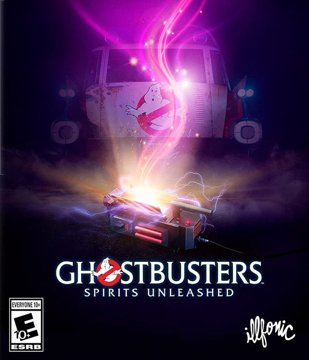 Official cover art for Ghostbusters: Spirits Unleashed on PC Epic Games, featuring the iconic ghost trap emitting eerie purple energy, with the Ghostbusters Ecto-1 vehicle in the background. Get your Ghostbusters PC CD Key now at RushGame.co and join the ghost-hunting action