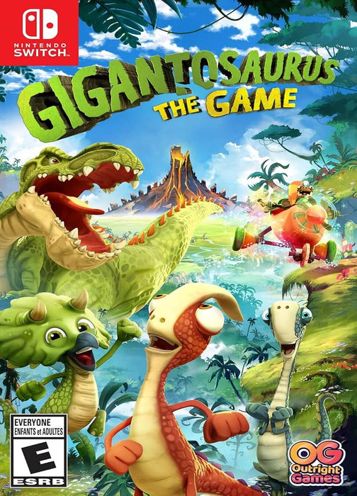 Official cover art for Gigantosaurus The Game on Nintendo Switch, featuring colorful dinosaur characters in a vibrant prehistoric world with an erupting volcano in the background. Buy your Gigantosaurus The Game Switch key now at RushGame.co and enjoy a fun-filled dino adventure