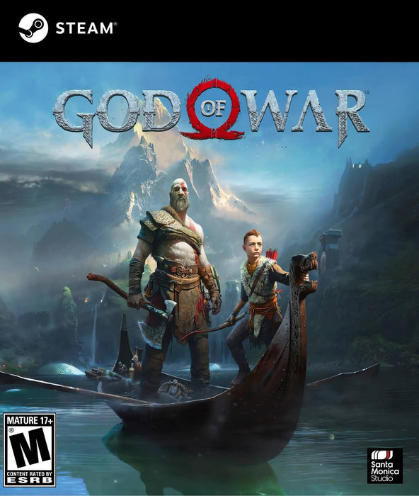 Cover art for God of War on PC (Steam), featuring Kratos and Atreus navigating a Norse landscape by boat. Buy your God of War PC Steam CD Key now at RushGame.co for instant digital activation
