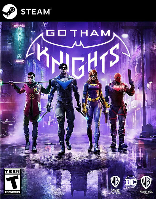 cover art for Gotham Knights on PC (Steam), featuring Robin, Nightwing, Batgirl, and Red Hood walking through the neon-lit streets of Gotham. Buy your Gotham Knights PC Steam CD Key at RushGame.co for instant digital delivery and immerse yourself in this action-packed superhero adventure