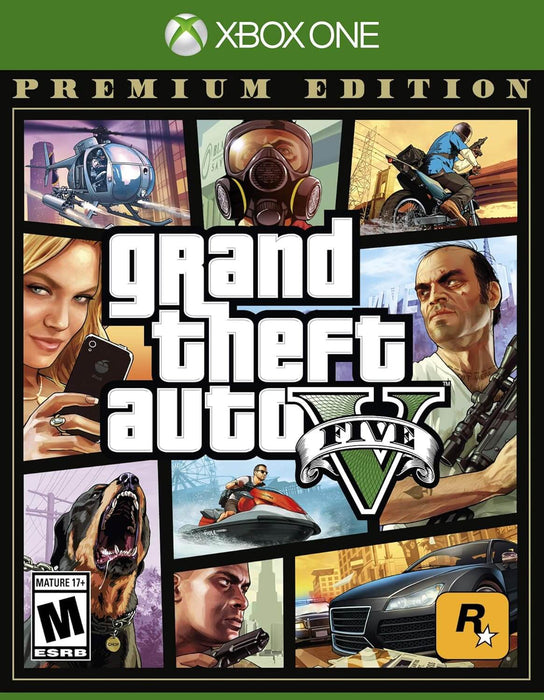 cover art of Grand Theft Auto V: Premium Online Edition & Great White Shark Card Bundle for Xbox One, featuring the game's protagonists, action-packed scenes, and iconic vehicles. Buy your GTA V Premium Online Edition Xbox One CD Key at RushGame.co and unlock in-game currency bonuses