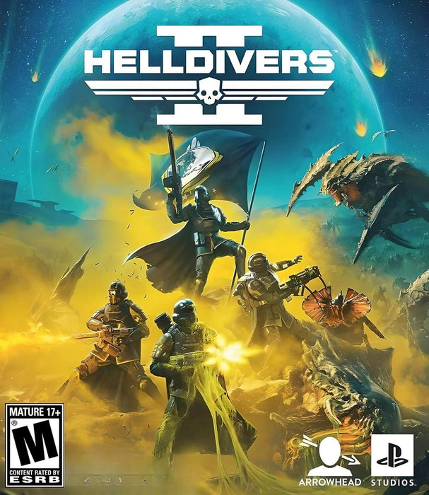 Cover art of HELLDIVERS 2 for PC Steam, featuring an intense battle scene with heavily armored soldiers fighting against monstrous alien creatures. Get your HELLDIVERS 2 Steam Key instantly at RushGame.co and join the fight to protect humanity in this action-packed co-op shooter