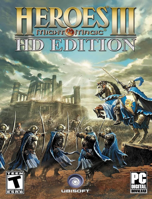 Official cover art of Heroes of Might & Magic III - HD Edition for PC Steam, featuring a knight on horseback leading an army of blue-cloaked archers against an undead horde. Relive the legendary turn-based strategy classic—available now at RushGame.co
