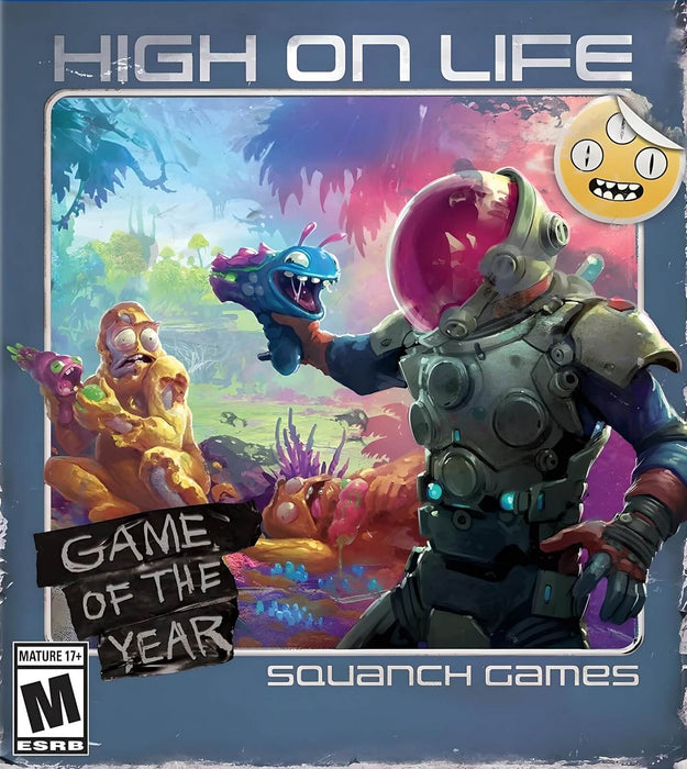 Cover art of High On Life for PC Steam, featuring a space-suited hero holding a grinning alien gun, with bizarre alien creatures in a colorful sci-fi world. Get your Steam CD key now at RushGame.co and jump into this wildly comedic FPS adventure