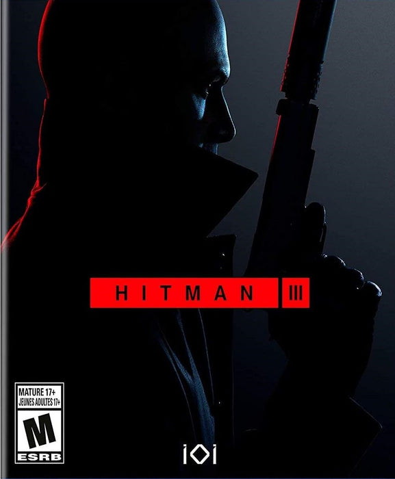 Official cover art of HITMAN 3 for PC Steam, showing a shadowy profile of Agent 47 holding a silenced pistol, highlighted by dramatic lighting with red and blue tones. Conclude the World of Assassination trilogy in style—get your Steam CD key now at RushGame.co