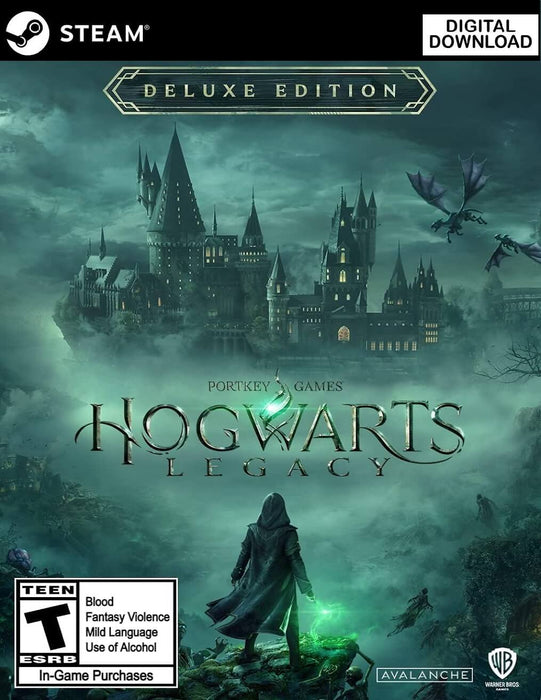 Cover art for Hogwarts Legacy Deluxe Edition on PC Steam, featuring a cloaked wizard holding a glowing green wand overlooking the iconic Hogwarts castle surrounded by mist and flying dragons. Buy your digital CD key now at RushGame.co for instant access to this magical open-world adventure