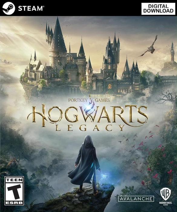 Official cover image for Hogwarts Legacy on PC Steam, featuring a robed wizard with a glowing wand overlooking a sunlit Hogwarts castle surrounded by misty mountains and flying owls. Purchase your digital Steam key for EU/NA regions now at RushGame.co and immerse yourself in the magical world of Hogwarts