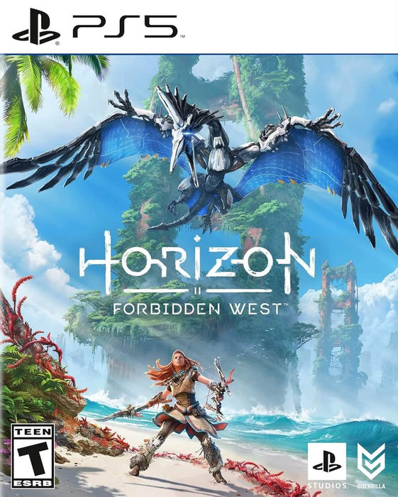 Cover image of Horizon Forbidden West for PS4 and PS5, featuring protagonist Aloy standing on a tropical beach with a bow, ready to battle a massive mechanical bird soaring above. Buy your Horizon Forbidden West CD key for PlayStation at RushGame.co and dive into an epic open-world adventure across a stunning, post-apocalyptic America. Instant delivery available for US region