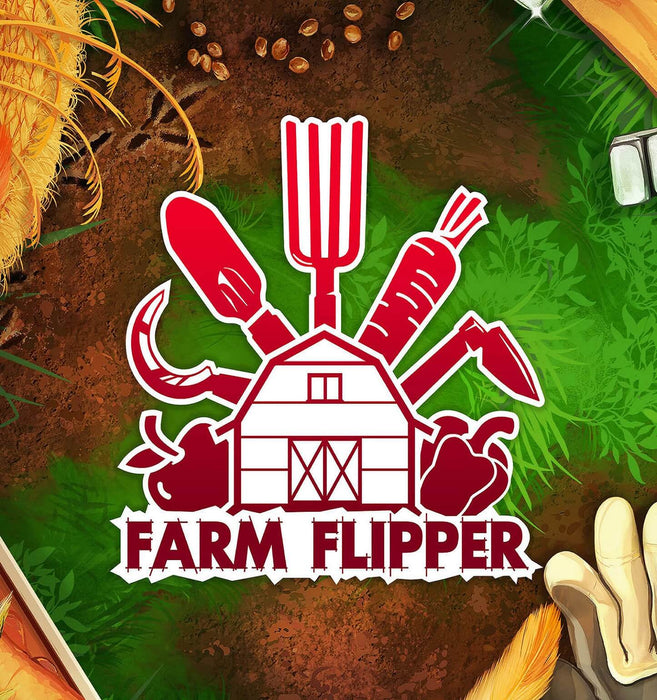 Cover image for House Flipper: Farm DLC on PC Steam, featuring a barn logo surrounded by farming tools, vegetables, and crops set against a vibrant background of green grass and tilled soil. Buy the Steam CD Key today at RushGame.co and start your farming journey with hands-on renovation mechanics.