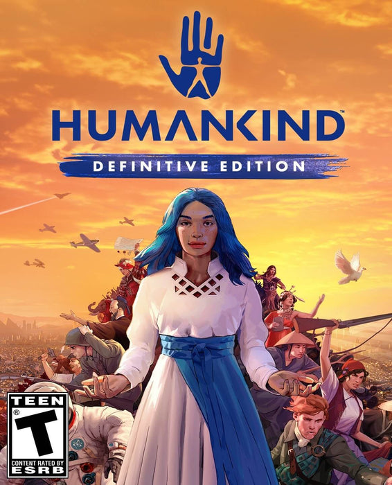 Cover art for HUMANKIND Definitive Edition PC Steam version, featuring a central female character in a white dress with blue hair, surrounded by diverse historical figures and iconic eras of human history. Purchase HUMANKIND Definitive Edition CD Key on Steam at RushGame.co for instant digital delivery and epic strategy gameplay
