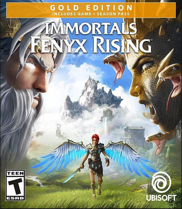 Cover art for Immortals Fenyx Rising Gold Edition on Ubisoft Connect, featuring Fenyx with blue wings standing between Zeus and a serpent-headed titan. Unlock the full mythological adventure with game + season pass—buy your Ubisoft CD key (US) now at RushGame.co