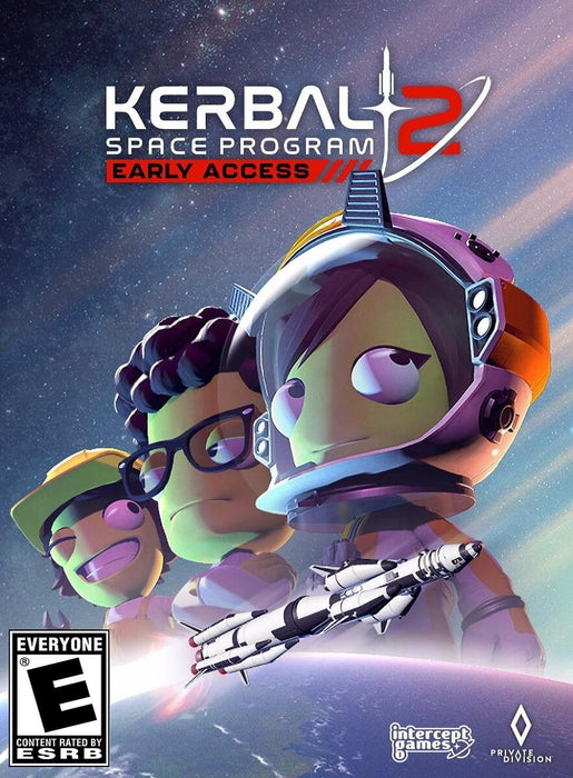 Cover art of Kerbal Space Program 2 for PC Epic Games, featuring Kerbonauts in space suits with a rocket flying above Earth. Buy the digital CD key at RushGame.co for instant delivery