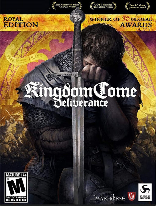 Cover image of Kingdom Come: Deliverance Royal Edition for PC Steam, featuring a medieval knight kneeling with a longsword in a somber pose, symbolizing the emotional depth and realism of the game. Buy your Kingdom Come: Deliverance Royal Edition Steam CD Key now at RushGame.co and immerse yourself in an award-winning historical RPG experience