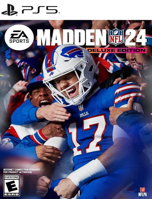 Cover image for Madden NFL 24 Deluxe Edition on PS4/PS5, featuring quarterback Josh Allen in a Buffalo Bills uniform, celebrating passionately with fans. Purchase your Madden 24 PlayStation digital key at RushGame.co and dive into the latest installment of EA Sports’ iconic football simulation