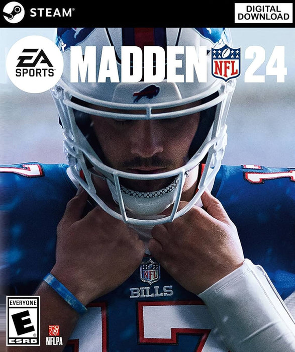 Cover art for Madden NFL 24 PC Steam Digital Download, featuring NFL star Josh Allen in a Buffalo Bills uniform preparing for the game. Get your Madden NFL 24 Steam CD Key now at RushGame.co and experience authentic football action on your PC