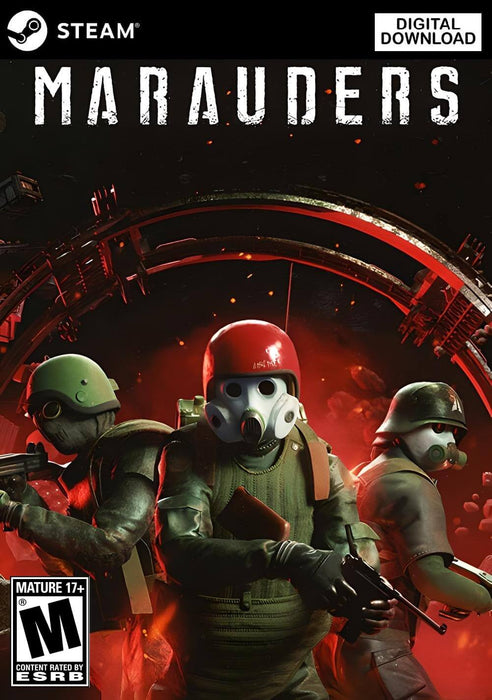 Cover art for Marauders on PC Steam featuring three heavily armed soldiers in gas masks, standing in a dark sci-fi environment with a red glow and debris floating around. Get your Marauders Steam CD Key now at RushGame.co and dive into intense tactical space combat