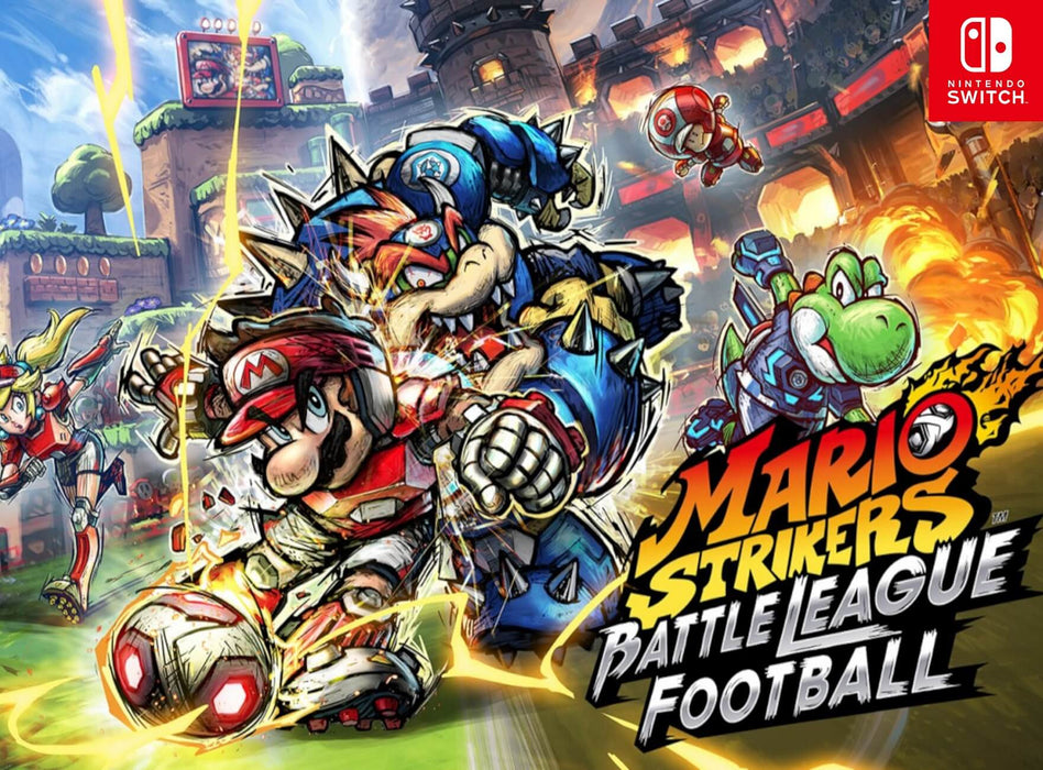 Cover art for Mario Strikers: Battle League on Nintendo Switch, showcasing Mario in a dynamic football clash with Bowser and other iconic characters. Grab your Nintendo Switch CD Key at RushGame.co and join the action-packed matches in this arcade-style soccer brawler
