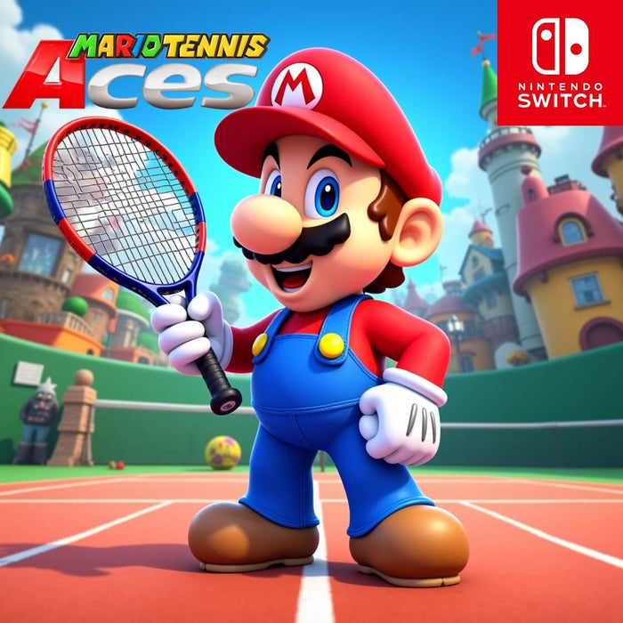 Mario holding a tennis racket on the vibrant court in the Mario Tennis Aces Nintendo Switch cover art. Experience high-speed tennis action with your digital game key from RushGame.co and serve up fun in intense multiplayer matches