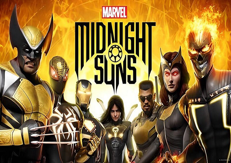 Official Marvel's Midnight Suns cover art for PC Epic Games, featuring iconic Marvel heroes in a fiery lineup. Secure your Marvel's Midnight Suns CD Key now at RushGame.co and unlock the adventure instantly