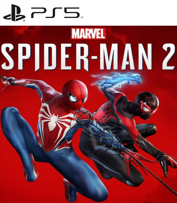 Marvel's Spider-Man 2 cover art for PS5, featuring Peter Parker and Miles Morales swinging into action on a vibrant red background. Purchase your Marvel's Spider-Man 2 PS5 CD Key (NA) now at RushGame.co and unleash the power of two Spider-Men