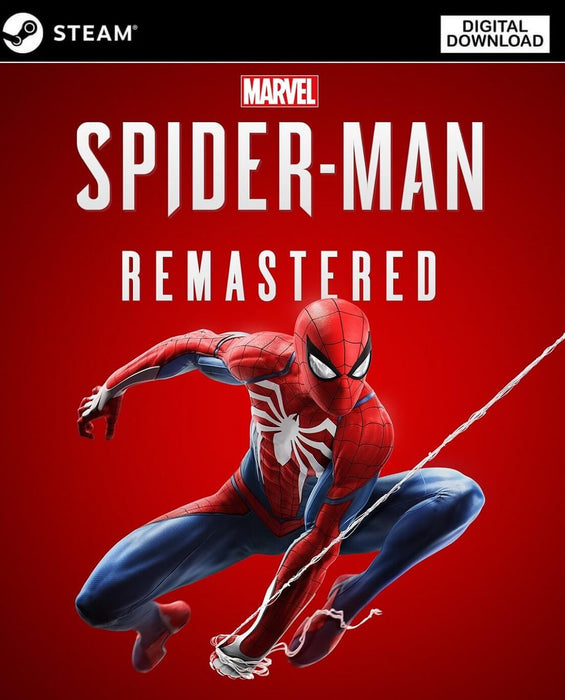 Marvel's Spider-Man Remastered cover art for PC Steam, featuring Spider-Man in his iconic red and blue suit swinging against a striking red background. Buy your Spider-Man Remastered Steam CD Key now at RushGame.co and dive into the action-packed adventure