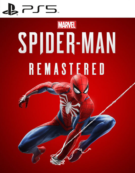 Marvel's Spider-Man Remastered official cover art for PS5, featuring the iconic superhero mid-swing with a dynamic pose on a red background. Get your Marvel's Spider-Man Remastered PS5 CD Key (NA) instantly at RushGame.co and swing into action